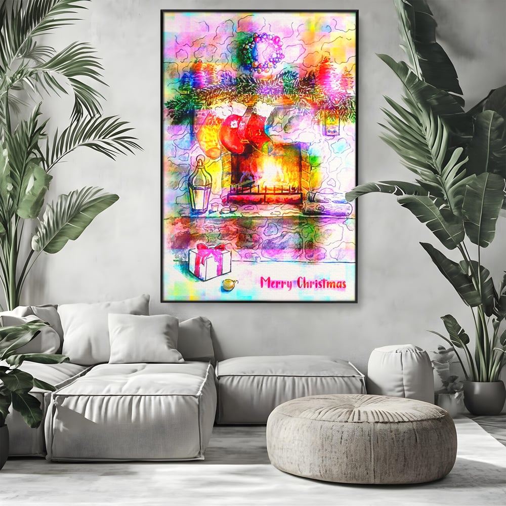 Tablou canvas cu tablou canvas cu peisaj festiv de craciun, in rama de aluminiu negru, pe perete intr-un living